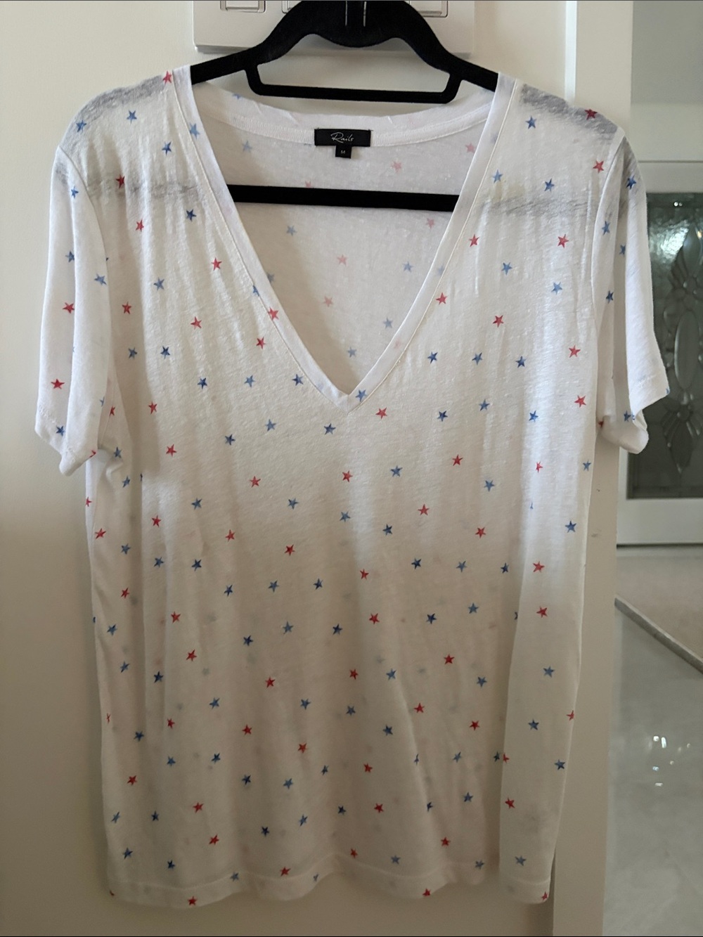 Rails White V-Neck Tee with Red & Blue Star Print